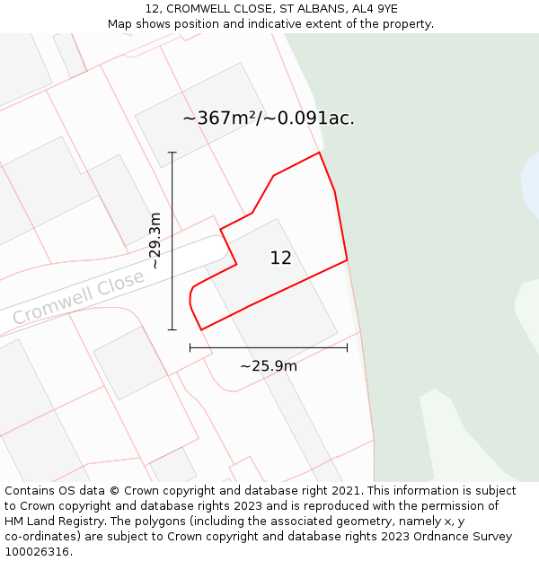 12, CROMWELL CLOSE, ST ALBANS, AL4 9YE: Plot and title map