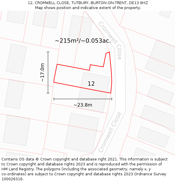12, CROMWELL CLOSE, TUTBURY, BURTON-ON-TRENT, DE13 9HZ: Plot and title map