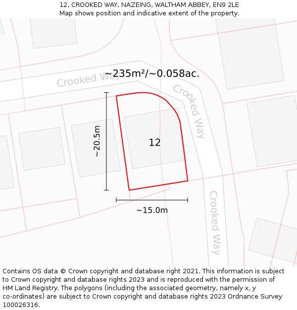 12, CROOKED WAY, NAZEING, WALTHAM ABBEY, EN9 2LE: Plot and title map