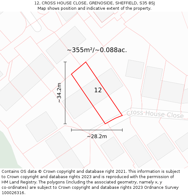 12, CROSS HOUSE CLOSE, GRENOSIDE, SHEFFIELD, S35 8SJ: Plot and title map