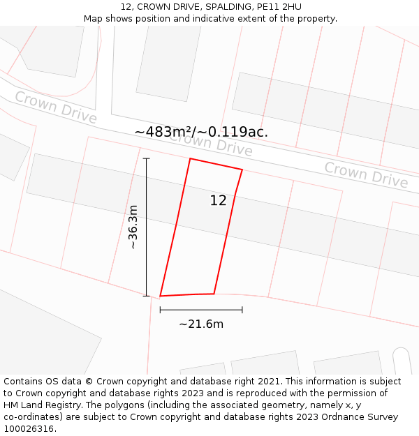 12, CROWN DRIVE, SPALDING, PE11 2HU: Plot and title map