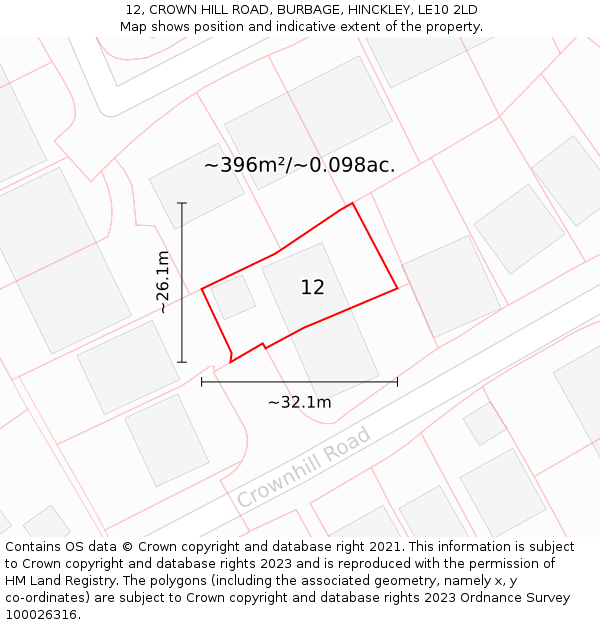 12, CROWN HILL ROAD, BURBAGE, HINCKLEY, LE10 2LD: Plot and title map