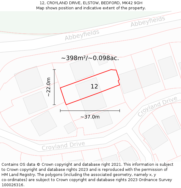12, CROYLAND DRIVE, ELSTOW, BEDFORD, MK42 9GH: Plot and title map
