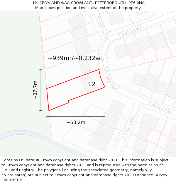 12, CROYLAND WAY, CROWLAND, PETERBOROUGH, PE6 0NA: Plot and title map