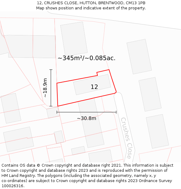 12, CRUSHES CLOSE, HUTTON, BRENTWOOD, CM13 1PB: Plot and title map