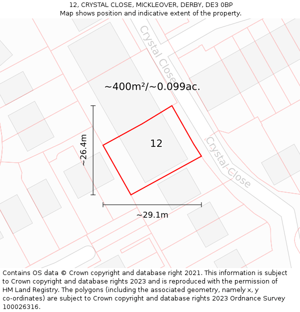 12, CRYSTAL CLOSE, MICKLEOVER, DERBY, DE3 0BP: Plot and title map