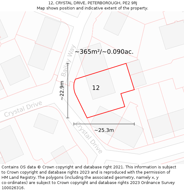 12, CRYSTAL DRIVE, PETERBOROUGH, PE2 9RJ: Plot and title map