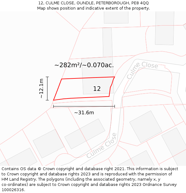 12, CULME CLOSE, OUNDLE, PETERBOROUGH, PE8 4QQ: Plot and title map