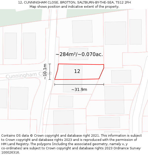 12, CUNNINGHAM CLOSE, BROTTON, SALTBURN-BY-THE-SEA, TS12 2FH: Plot and title map