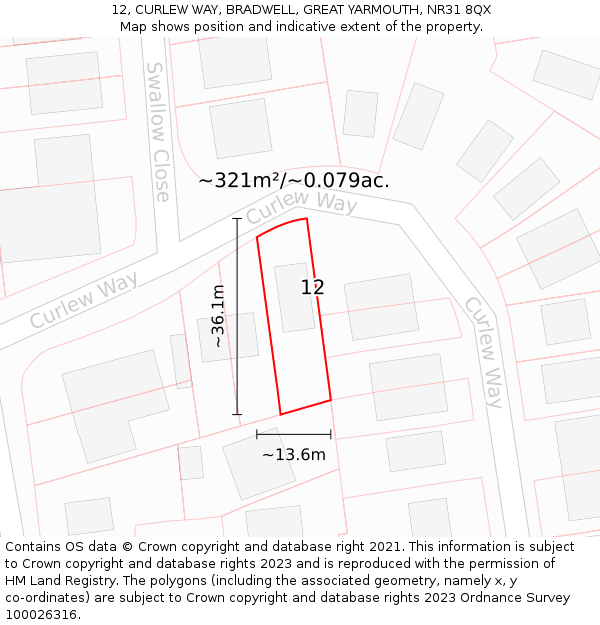 12, CURLEW WAY, BRADWELL, GREAT YARMOUTH, NR31 8QX: Plot and title map