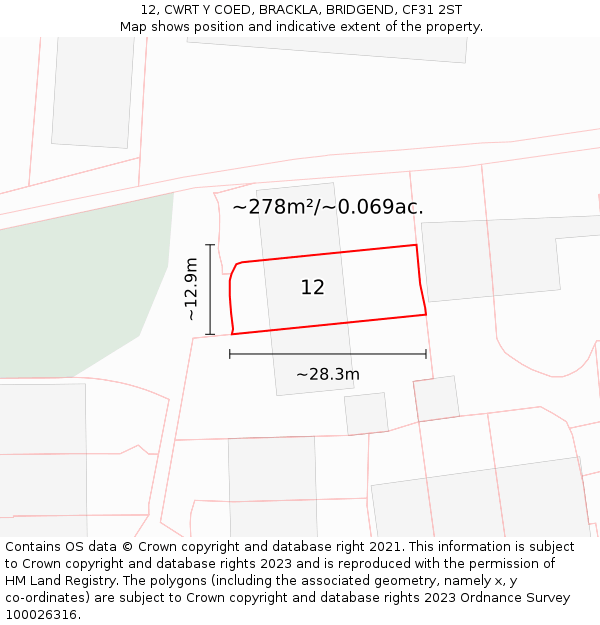 12, CWRT Y COED, BRACKLA, BRIDGEND, CF31 2ST: Plot and title map