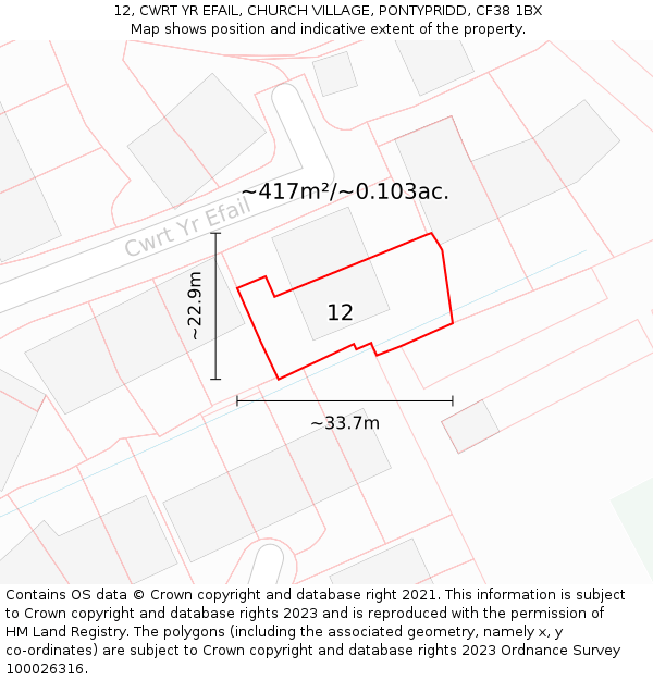 12, CWRT YR EFAIL, CHURCH VILLAGE, PONTYPRIDD, CF38 1BX: Plot and title map