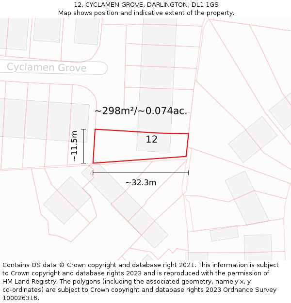 12, CYCLAMEN GROVE, DARLINGTON, DL1 1GS: Plot and title map