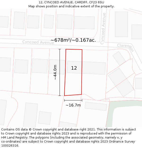 12, CYNCOED AVENUE, CARDIFF, CF23 6SU: Plot and title map