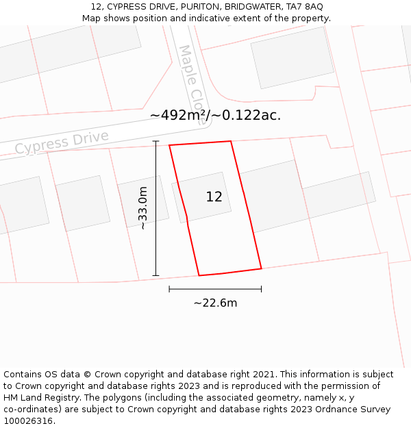 12, CYPRESS DRIVE, PURITON, BRIDGWATER, TA7 8AQ: Plot and title map