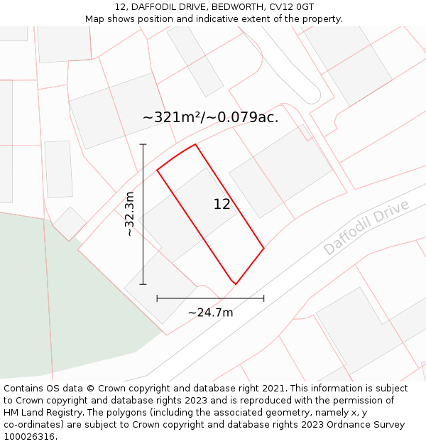 12, DAFFODIL DRIVE, BEDWORTH, CV12 0GT: Plot and title map