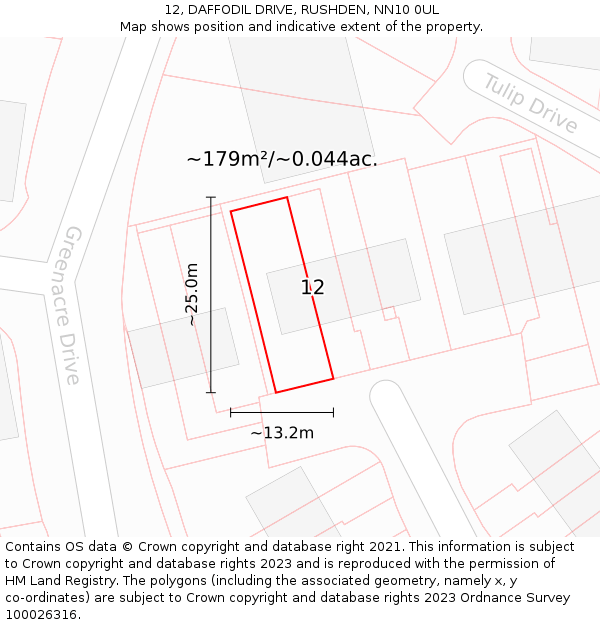 12, DAFFODIL DRIVE, RUSHDEN, NN10 0UL: Plot and title map