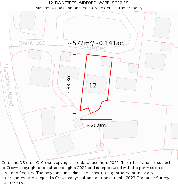 12, DAINTREES, WIDFORD, WARE, SG12 8SL: Plot and title map