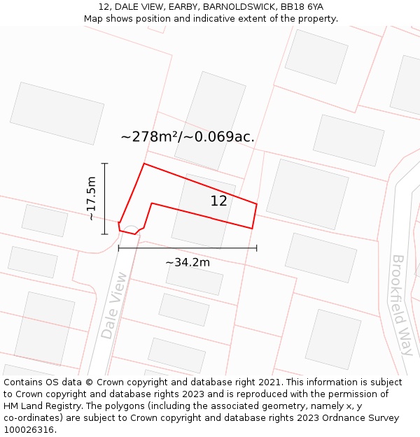 12, DALE VIEW, EARBY, BARNOLDSWICK, BB18 6YA: Plot and title map