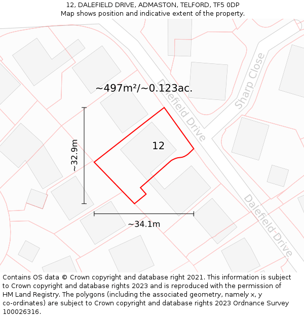 12, DALEFIELD DRIVE, ADMASTON, TELFORD, TF5 0DP: Plot and title map