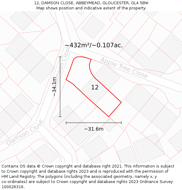 12, DAMSON CLOSE, ABBEYMEAD, GLOUCESTER, GL4 5BW: Plot and title map