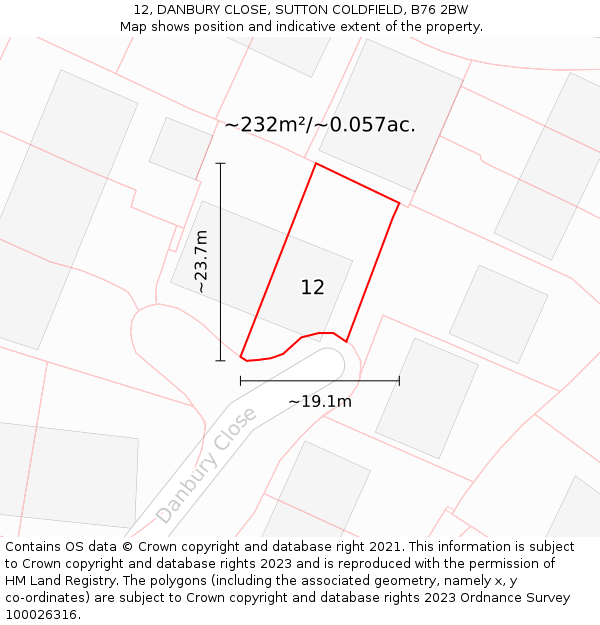 12, DANBURY CLOSE, SUTTON COLDFIELD, B76 2BW: Plot and title map