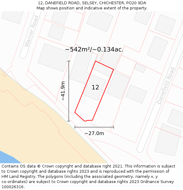 12, DANEFIELD ROAD, SELSEY, CHICHESTER, PO20 9DA: Plot and title map