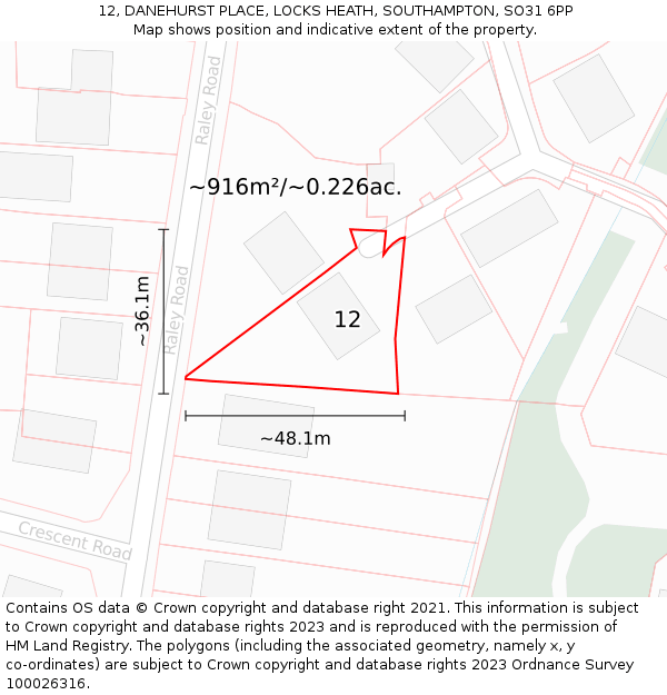 12, DANEHURST PLACE, LOCKS HEATH, SOUTHAMPTON, SO31 6PP: Plot and title map