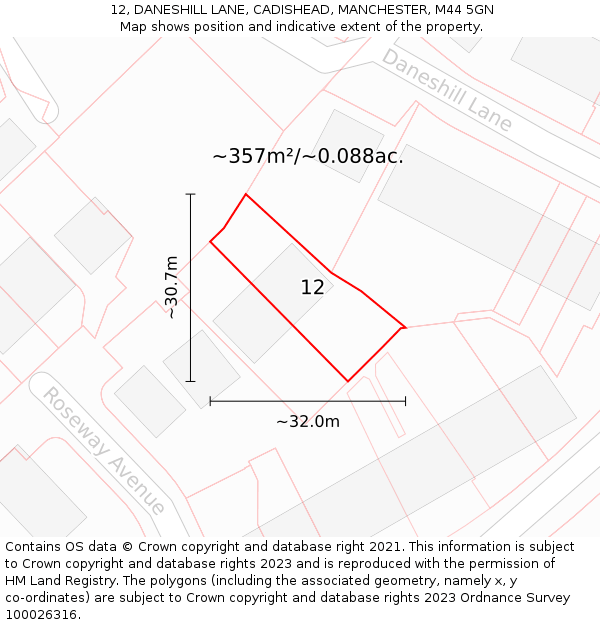 12, DANESHILL LANE, CADISHEAD, MANCHESTER, M44 5GN: Plot and title map