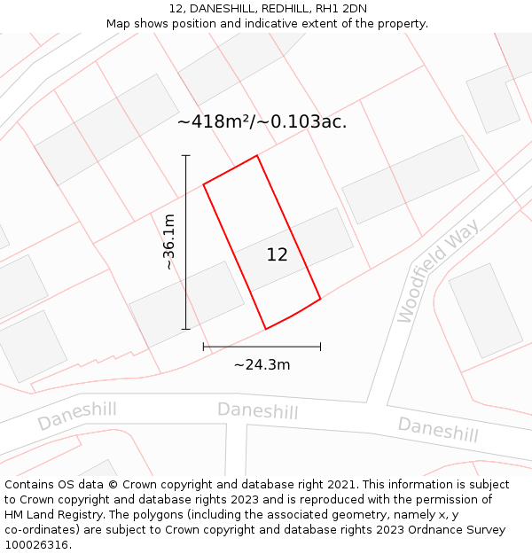 12, DANESHILL, REDHILL, RH1 2DN: Plot and title map
