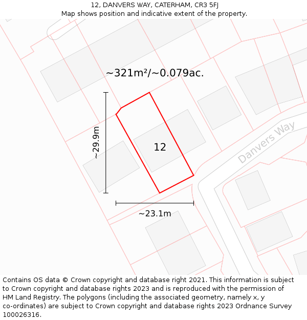 12, DANVERS WAY, CATERHAM, CR3 5FJ: Plot and title map
