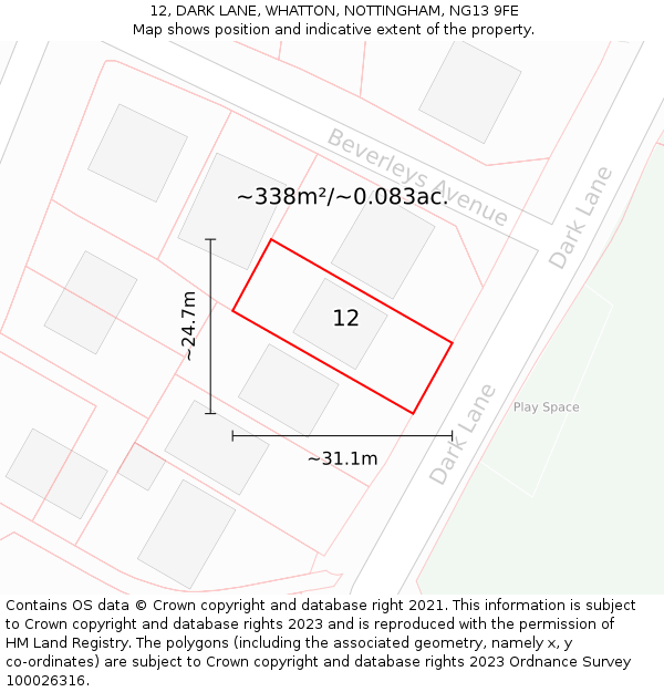 12, DARK LANE, WHATTON, NOTTINGHAM, NG13 9FE: Plot and title map