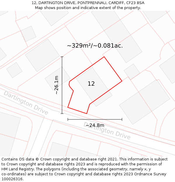 12, DARTINGTON DRIVE, PONTPRENNAU, CARDIFF, CF23 8SA: Plot and title map