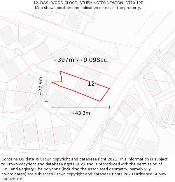 12, DASHWOOD CLOSE, STURMINSTER NEWTON, DT10 1PF: Plot and title map
