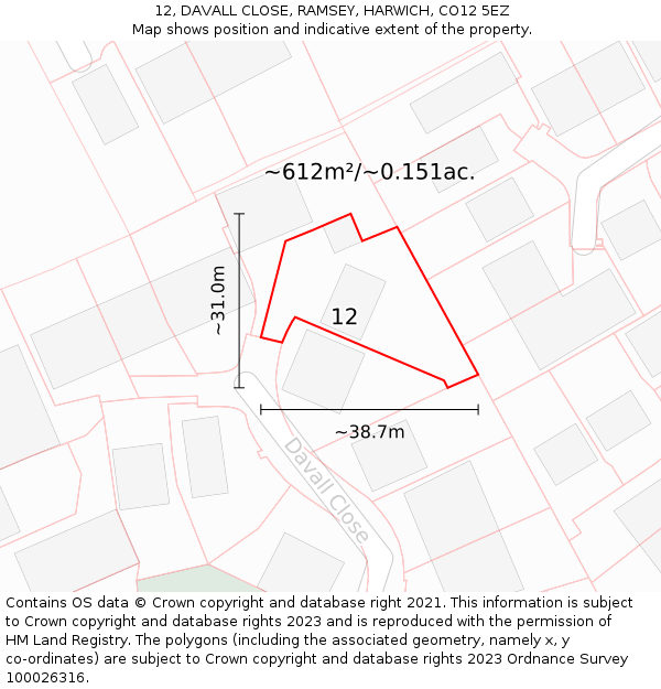 12, DAVALL CLOSE, RAMSEY, HARWICH, CO12 5EZ: Plot and title map