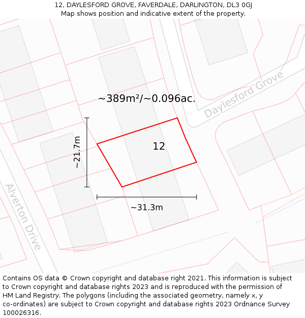 12, DAYLESFORD GROVE, FAVERDALE, DARLINGTON, DL3 0GJ: Plot and title map