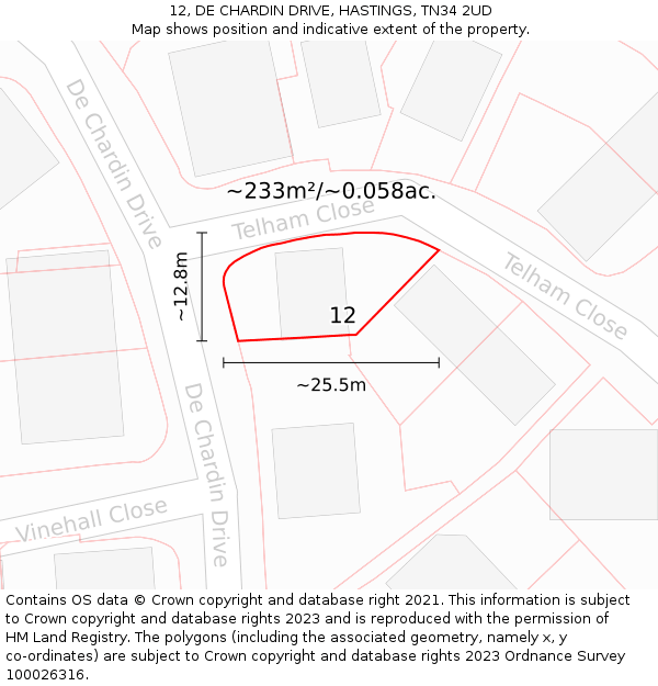 12, DE CHARDIN DRIVE, HASTINGS, TN34 2UD: Plot and title map
