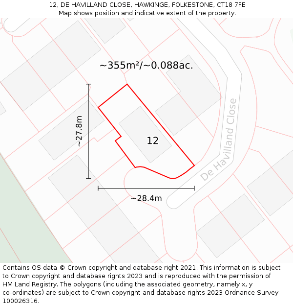 12, DE HAVILLAND CLOSE, HAWKINGE, FOLKESTONE, CT18 7FE: Plot and title map