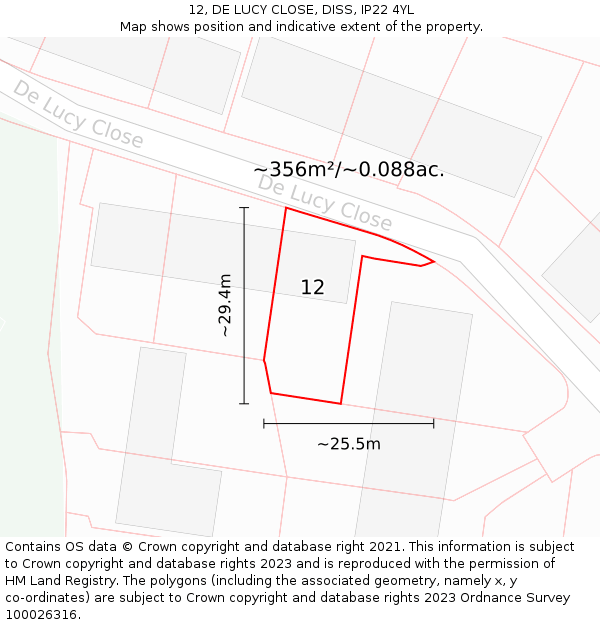 12, DE LUCY CLOSE, DISS, IP22 4YL: Plot and title map