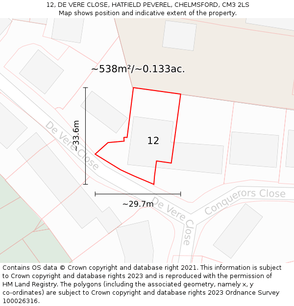 12, DE VERE CLOSE, HATFIELD PEVEREL, CHELMSFORD, CM3 2LS: Plot and title map