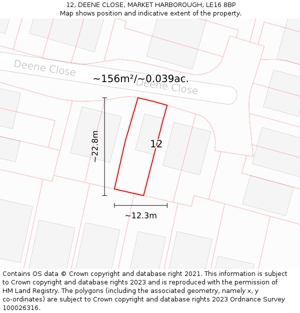 12, DEENE CLOSE, MARKET HARBOROUGH, LE16 8BP: Plot and title map