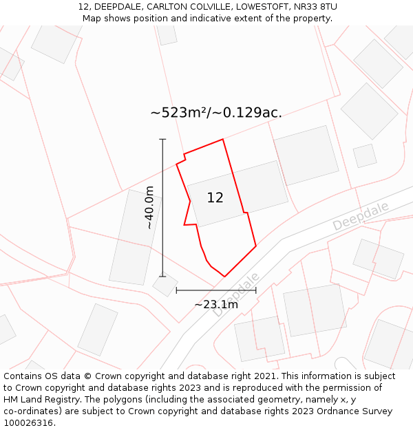 12, DEEPDALE, CARLTON COLVILLE, LOWESTOFT, NR33 8TU: Plot and title map