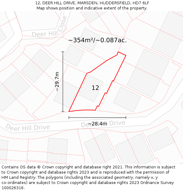 12, DEER HILL DRIVE, MARSDEN, HUDDERSFIELD, HD7 6LF: Plot and title map