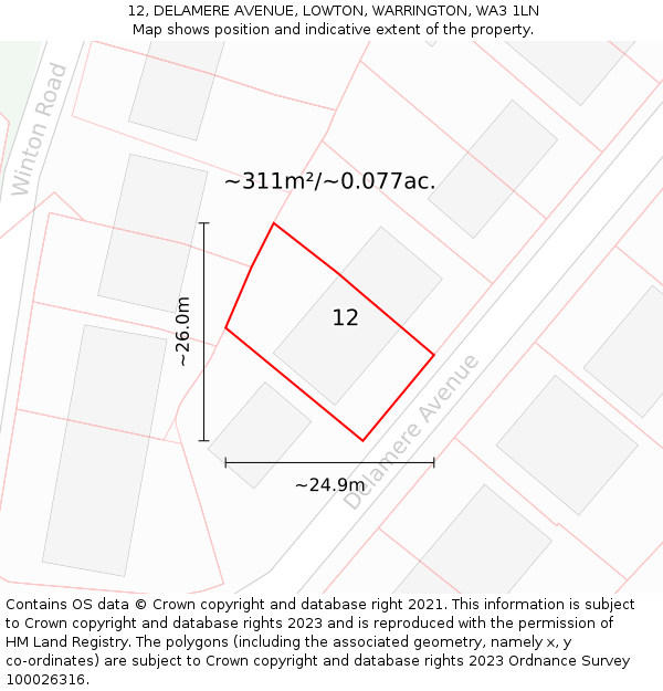 12, DELAMERE AVENUE, LOWTON, WARRINGTON, WA3 1LN: Plot and title map