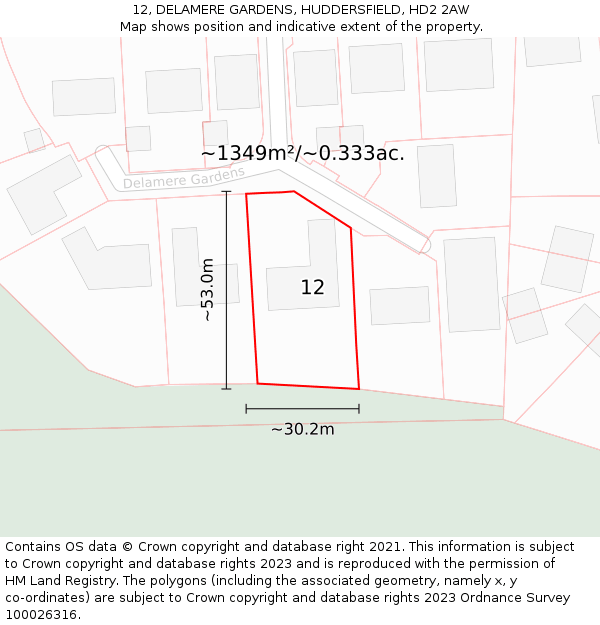 12, DELAMERE GARDENS, HUDDERSFIELD, HD2 2AW: Plot and title map