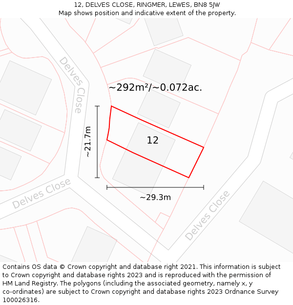 12, DELVES CLOSE, RINGMER, LEWES, BN8 5JW: Plot and title map