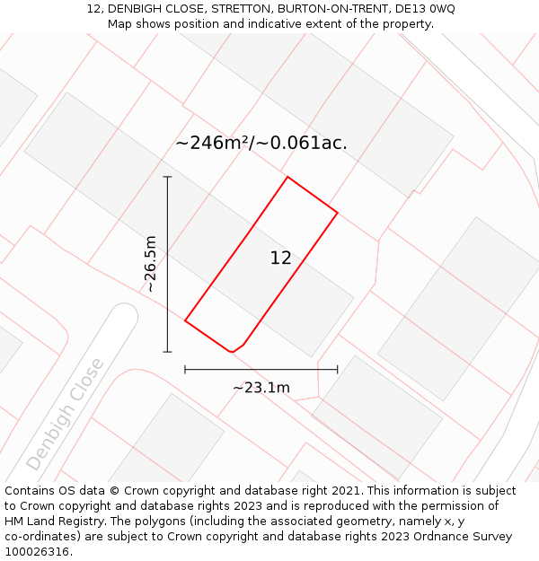 12, DENBIGH CLOSE, STRETTON, BURTON-ON-TRENT, DE13 0WQ: Plot and title map