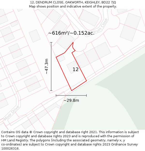 12, DENDRUM CLOSE, OAKWORTH, KEIGHLEY, BD22 7JQ: Plot and title map