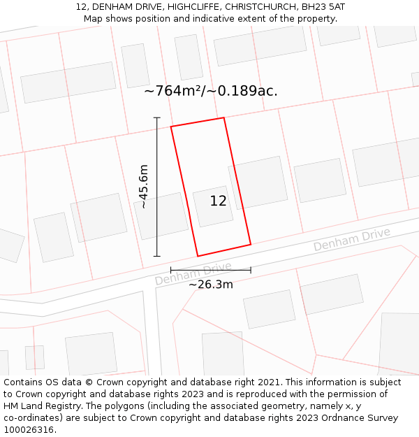 12, DENHAM DRIVE, HIGHCLIFFE, CHRISTCHURCH, BH23 5AT: Plot and title map