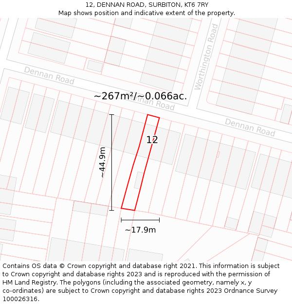 12, DENNAN ROAD, SURBITON, KT6 7RY: Plot and title map